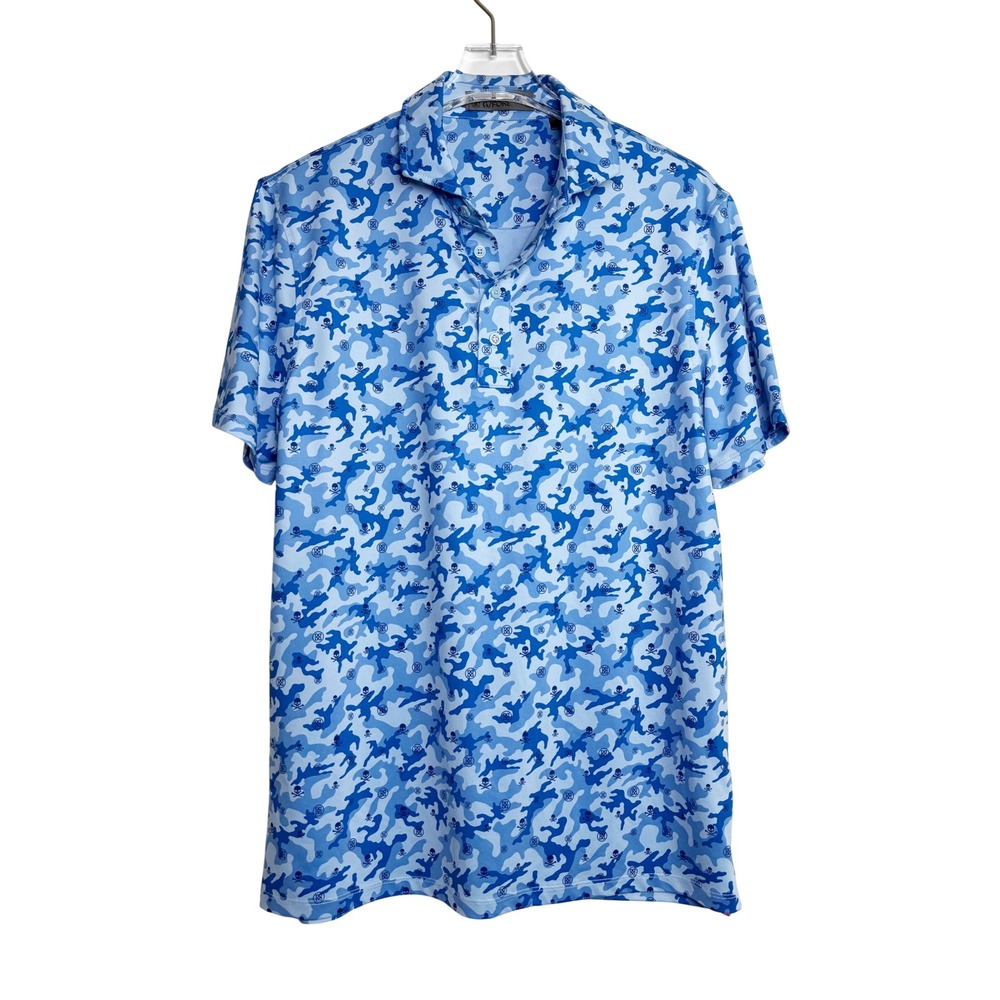 G/FORE Polo Shirt Mens Medium Blue Camouflage Tech-Jersey Skull Crossbones